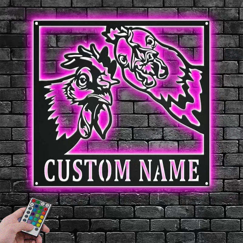 Custom Name Chicken Farm Name Sign Decoration For Room, Metal Wall Signs With RGB Led Light
