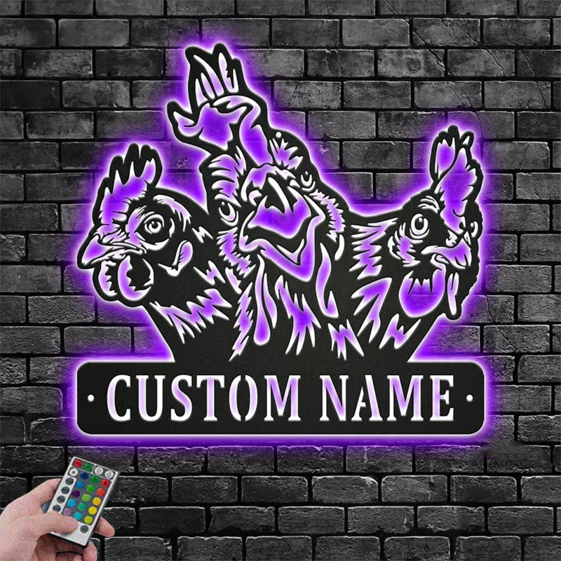 Custom Name Chicken Farm Name Sign Decoration For Room, Metal Wall Signs With RGB Led Light