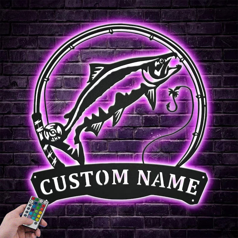 Custom Name Chinook Salmon Fish Pole Metal Wall Signs With RGB Led Light