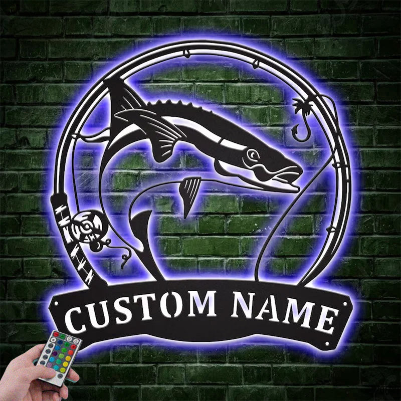Custom Name Cobia Fishing Fish Pole Metal Wall Signs With RGB Led Light