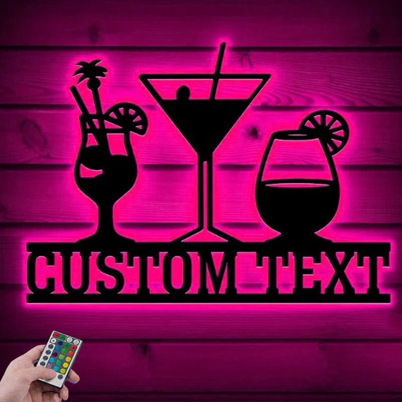 Custom Name Cocktail Bar Sign Wall Art With RGB Led Lights