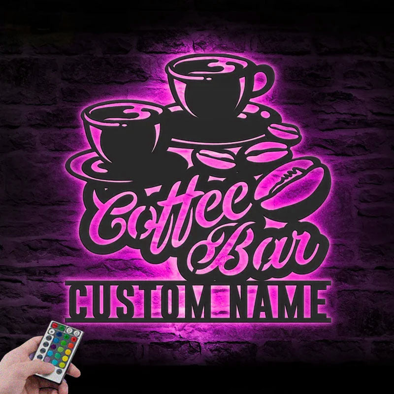 Custom Name Coffee Lover Name Sign Home Decor Kitchen Metal Wall Signs With RGB Led Light