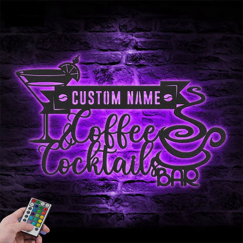 Custom Name Coffee Lover Name Sign Home Decor Kitchen, Metal Wall Signs With RGB Led Light