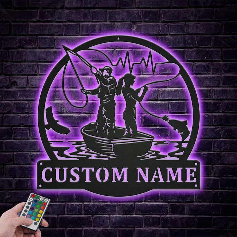 Custom Name Couple Fishing Fish Pole Metal Wall Signs With RGB Led Light