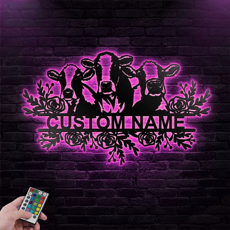 Custom Name Cow Metal Art Wall Decor, Diary Farm Indoor, Metal Wall Signs With RGB Led Light