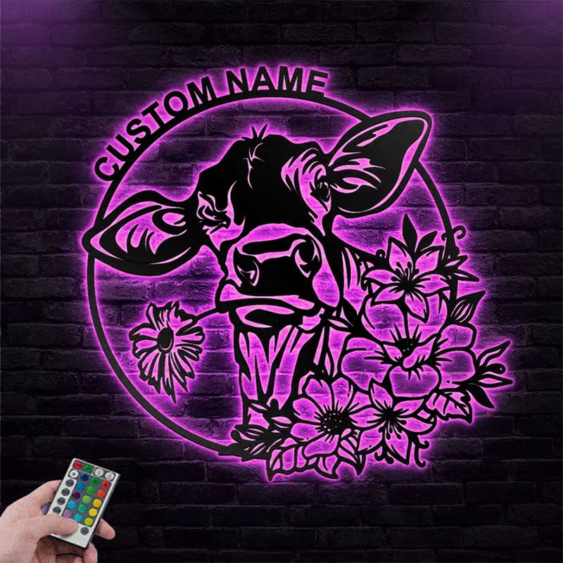 Custom Name Cow Metal Art Wall Decor, Diary Farm Indoor, Outdoor Decor, Metal Wall Signs With RGB Led Light