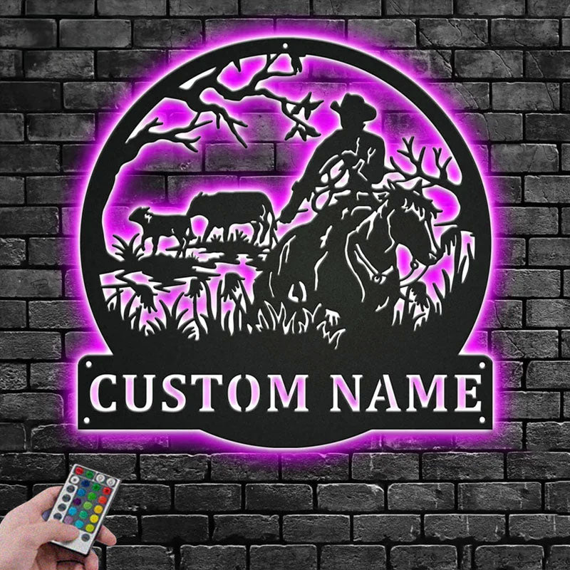 Custom Name Cowboy Name Sign Decoration For Room, Metal Wall Signs With RGB Led Light
