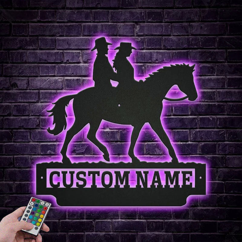 Custom Name Cowboy and Cowgirl Riding A Horse, Metal Wall Signs With RGB Led Light