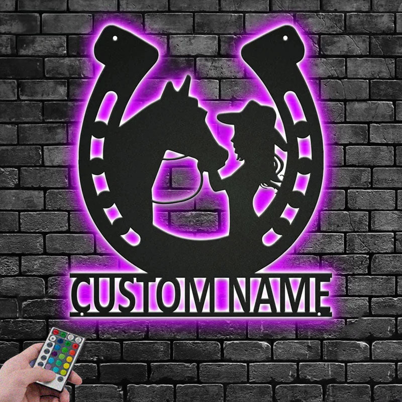 Custom Name Cowgirl Name Sign Decoration For Room, Metal Wall Signs With RGB Led Light