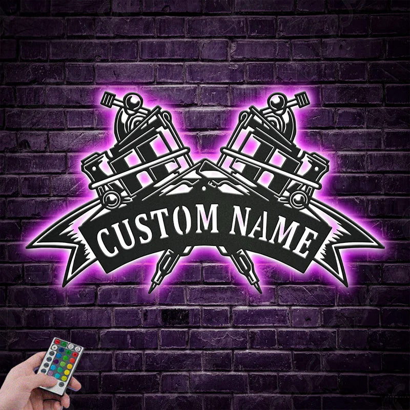 Custom Name Crossed Tattoo Machine Metal Wall Signs With RGB Led Light