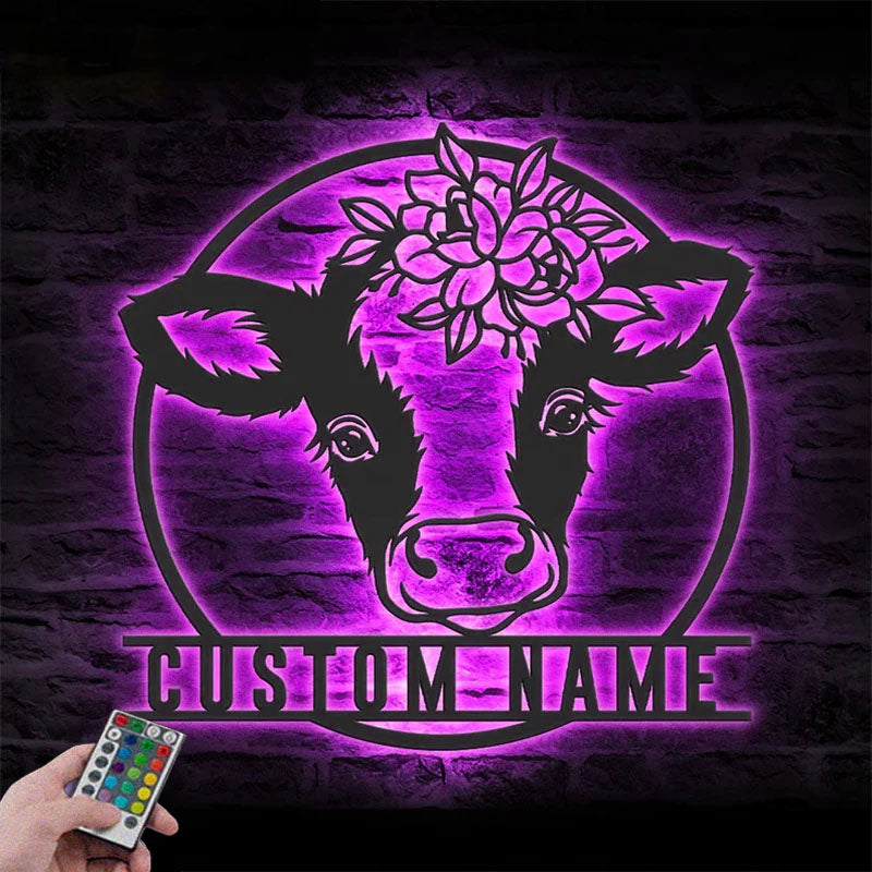 Custom Name Cute Calf Farm Name Sign Home Decor Heifer Barn, Metal Wall Signs With RGB Led Light