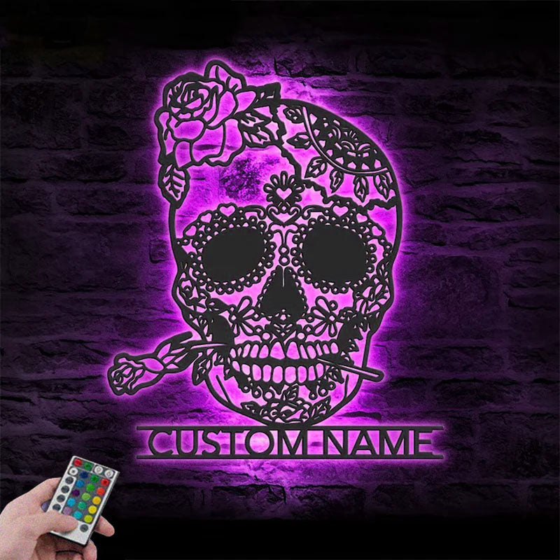 Custom Name Day of the Dead Sign Home Decor Sugar Skull With Rose Metal Wall Signs With RGB Led Light