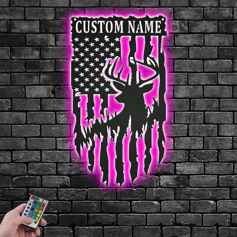 Custom Name Deer Hunter Decoration For Room Metal Wall Signs With RGB Led Light