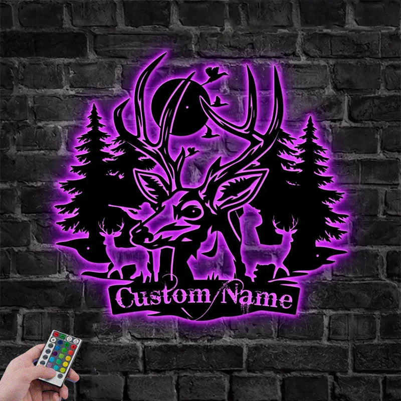 Custom Name Deer, Hunting Lover Metal Wall Signs With RGB Led Light