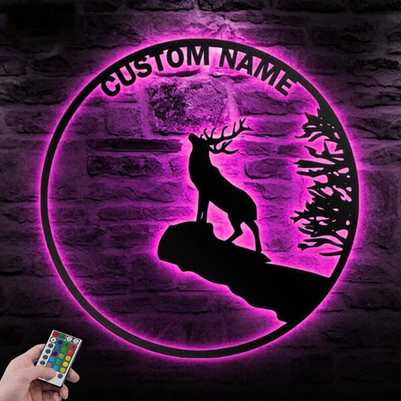 Custom Name Deer and Moon Metal Wall Signs With RGB Led Light