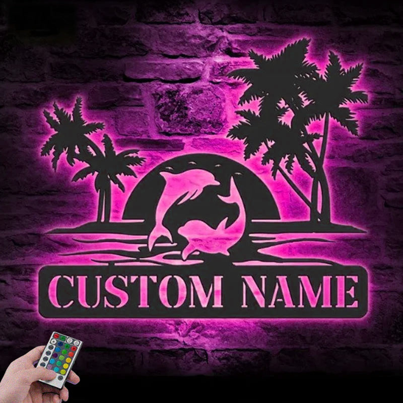 Custom Name Dolphin Couple on Beach in Aurora Metal Wall Signs With RGB Led Light