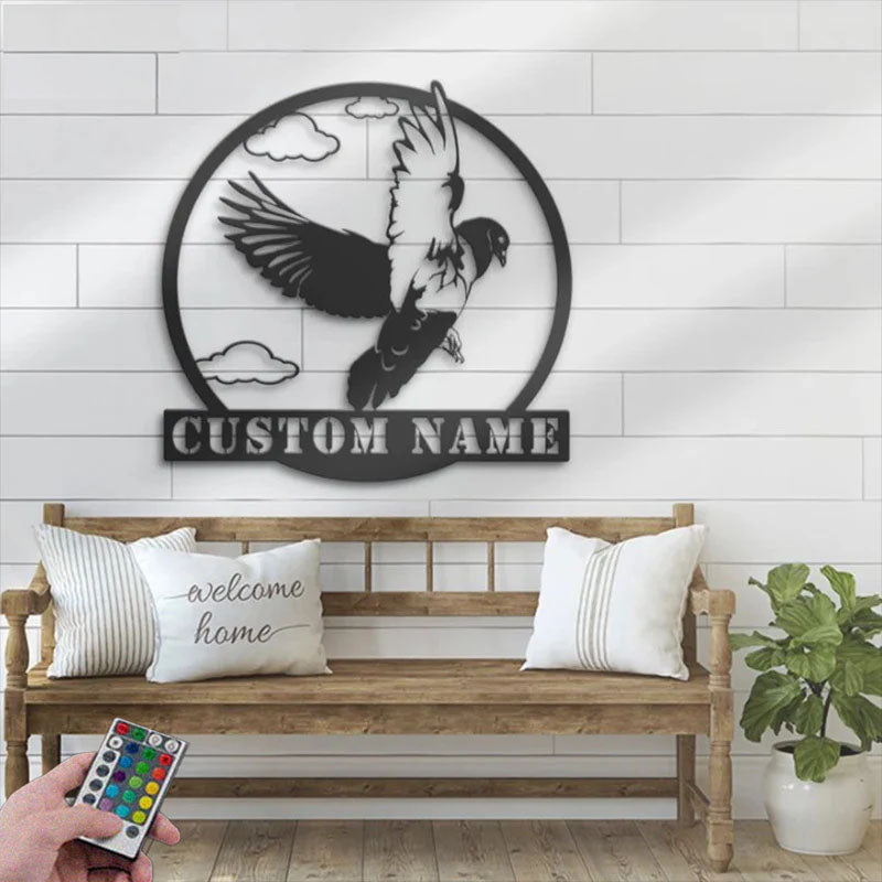 Custom Name Dove Pet Homing Bird Name Sign Home Decor, Metal Wall Signs With RGB Led Light