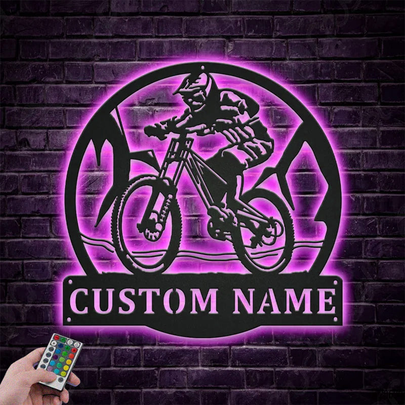 Custom Name Downhill Mountain Biking Metal Wall Signs With RGB Led Light
