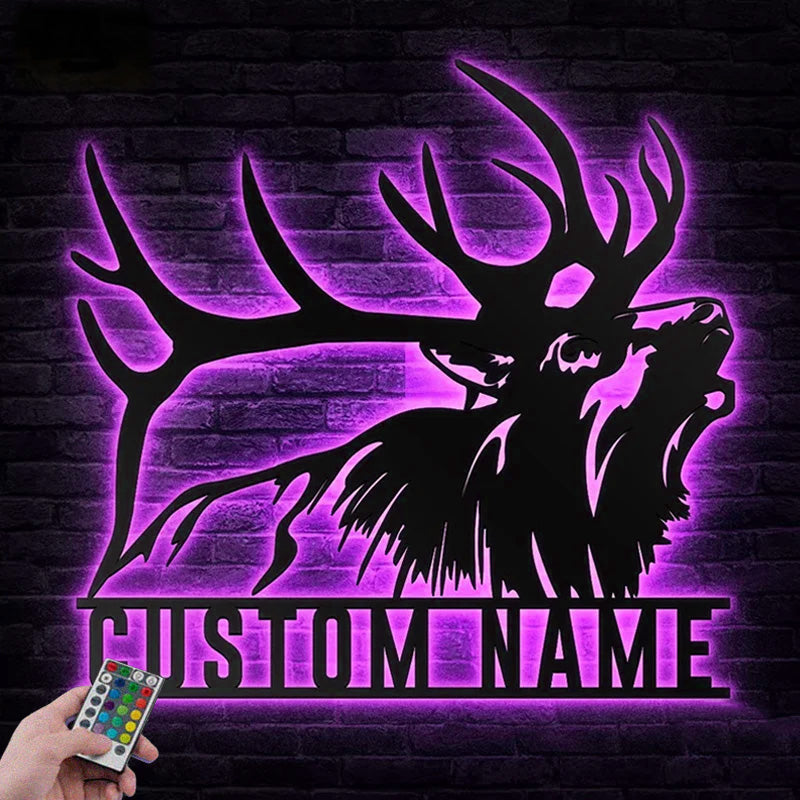 Custom Name ELK Deer Head Metal Wall Signs With RGB Led Light