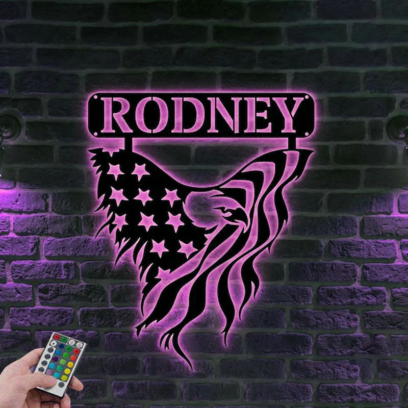 Custom Name Eagle With US Flag Name Metal Wall Signs With RGB Led Light