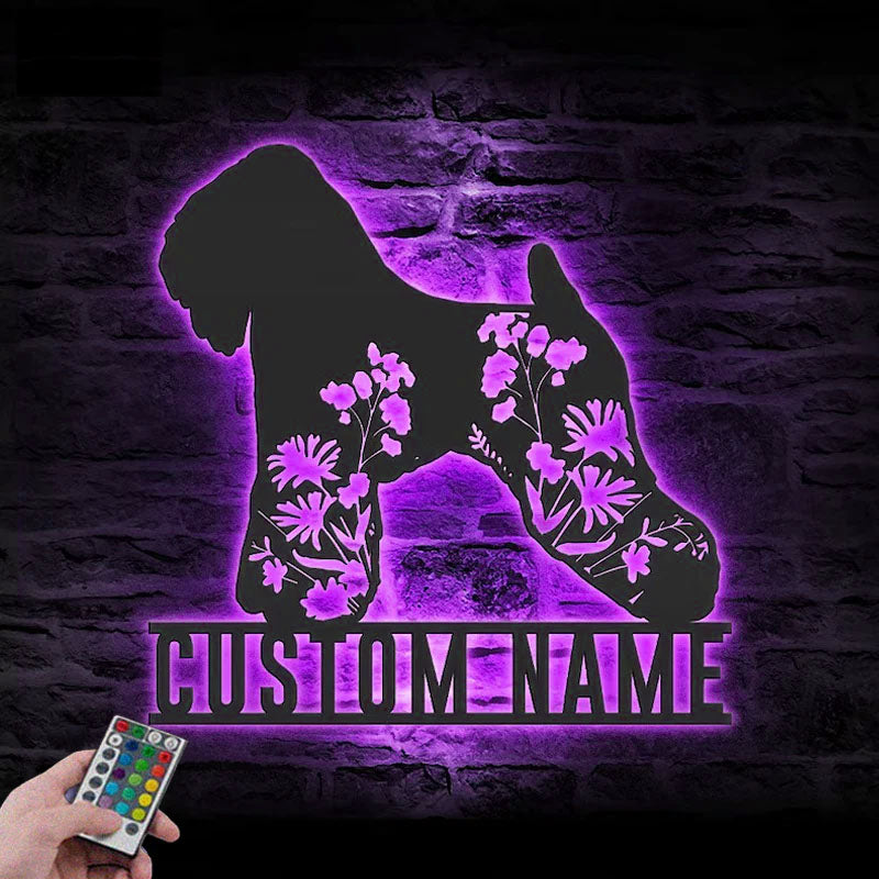 Custom Name FLoral Soft Coated Wheaten Terrier Metal Wall Signs With RGB Led Light