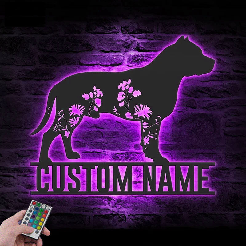 Custom Name FLoral Staffordshire Bull Terrier Metal Wall Signs With RGB Led Light