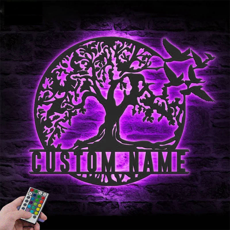 Custom Name Family Name Sign Home Decor Family Tree, Metal Wall Signs With RGB Led Light