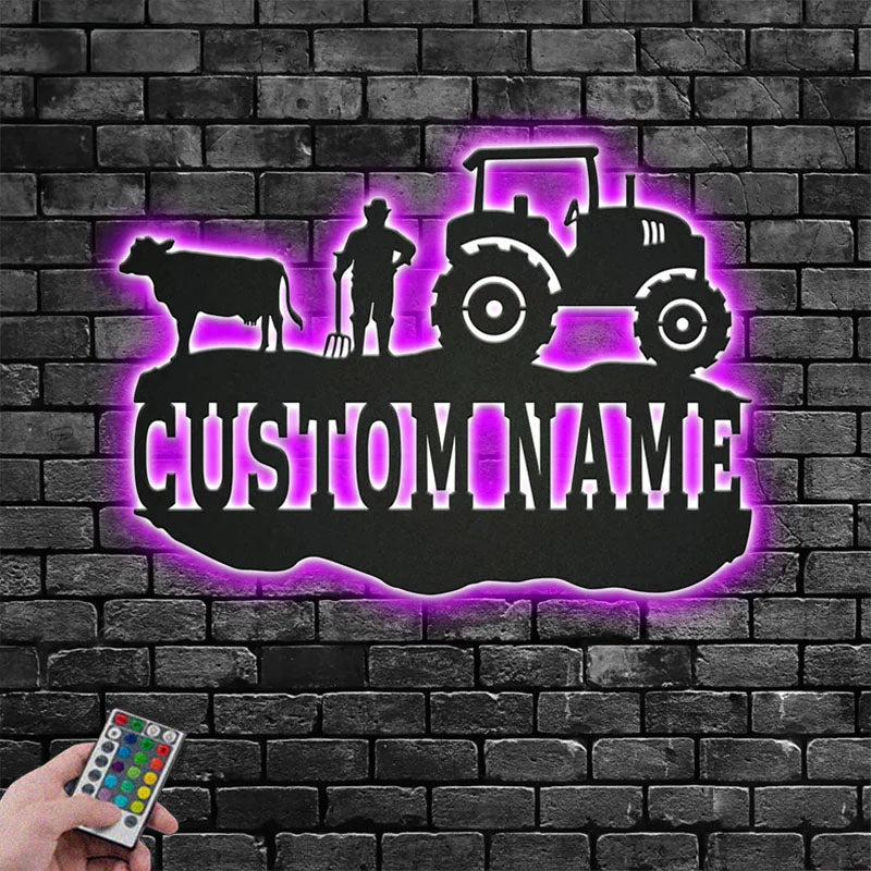 Custom Name Farmer Name Sign Decoration For Room, Metal Wall Signs With RGB Led Light