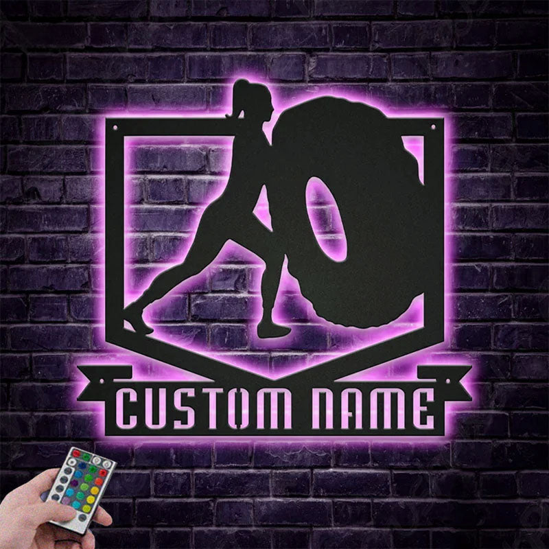 Custom Name Female Bodybuilder For Gym Room WeightLifting Metal Wall Signs With RGB Led Light