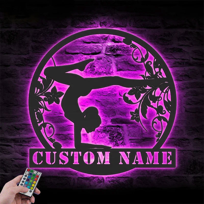 Custom Name Female Gymnastics Fitness Metal Wall Signs With RGB Led Light