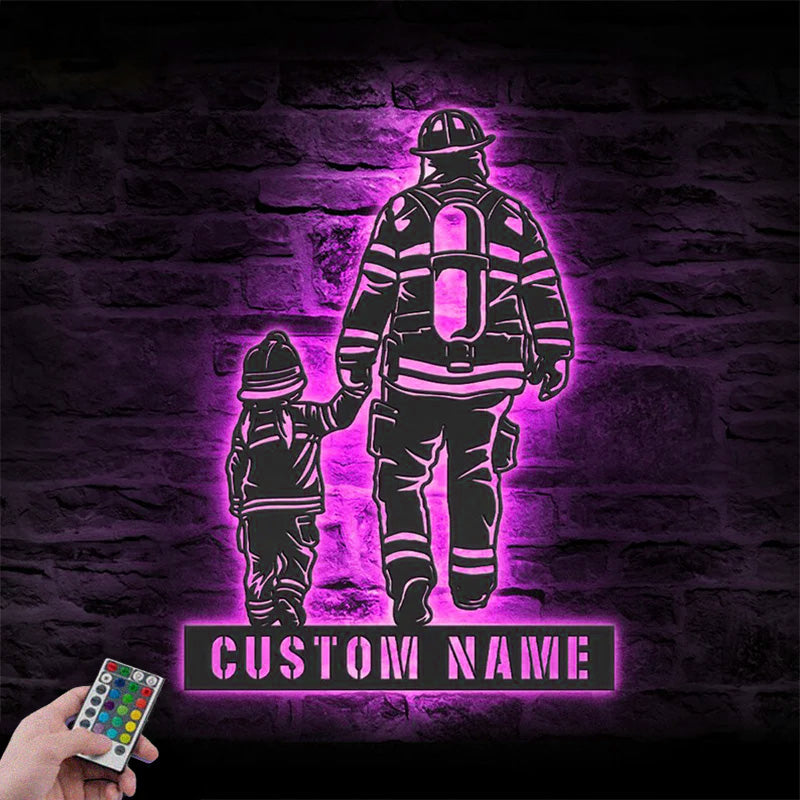 Custom Name Firefighter Father And Daughter Metal Wall Signs With RGB Led Light