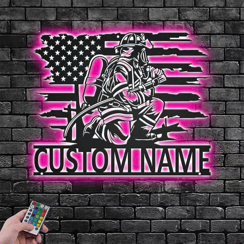 Custom Name Fireman Name Sign Decoration For Room, Metal Wall Signs With RGB Led Light