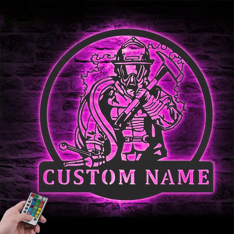 Custom Name Fireman Name Sign Home Decor Fire Department, Metal Wall Signs With RGB Led Light
