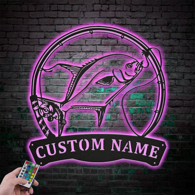 Custom Name Florida Pompano Fish Pole Metal Wall Signs With RGB Led Light
