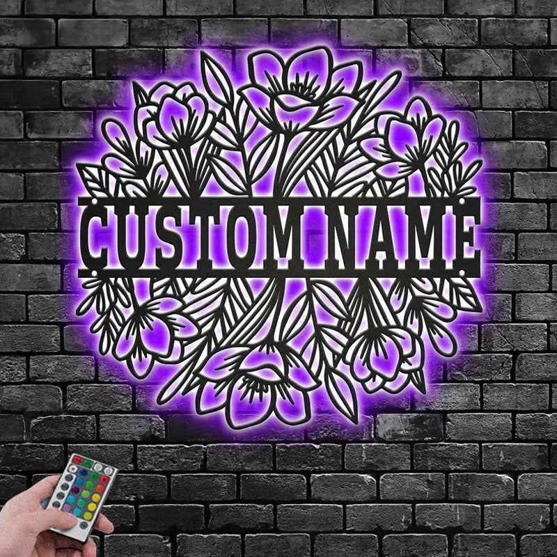 Custom Name Flower Border Name Sign Decoration For Room, Metal Wall Signs With RGB Led Light