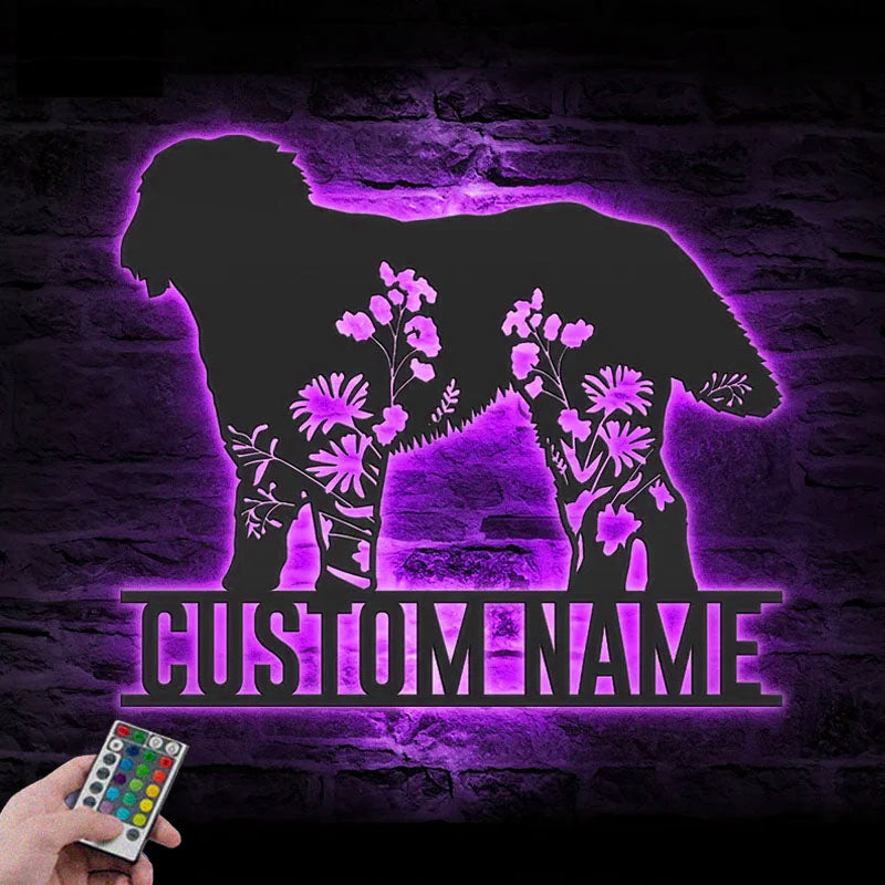 Custom Name Flower Dog Lover Name Sign Home Decor, Metal Wall Signs With RGB Led Light