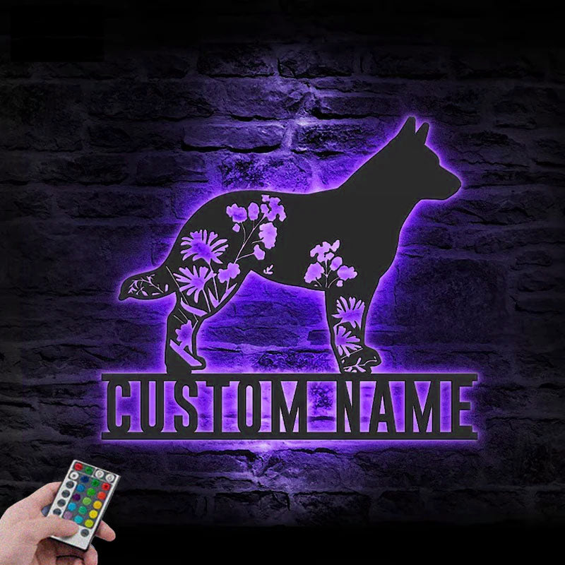 Custom Name Flower Dog Lover Name Sign Home Decor, Metal Wall Signs With RGB Led Light