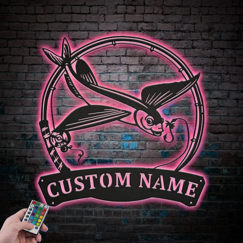 Custom Name Flying Fishing Fish Pole Metal Wall Signs With RGB Led Light