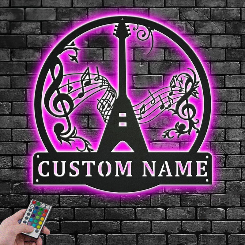 Custom Name Flying V Guitar Name Sign Decoration For Room, Metal Wall Signs With RGB Led Light