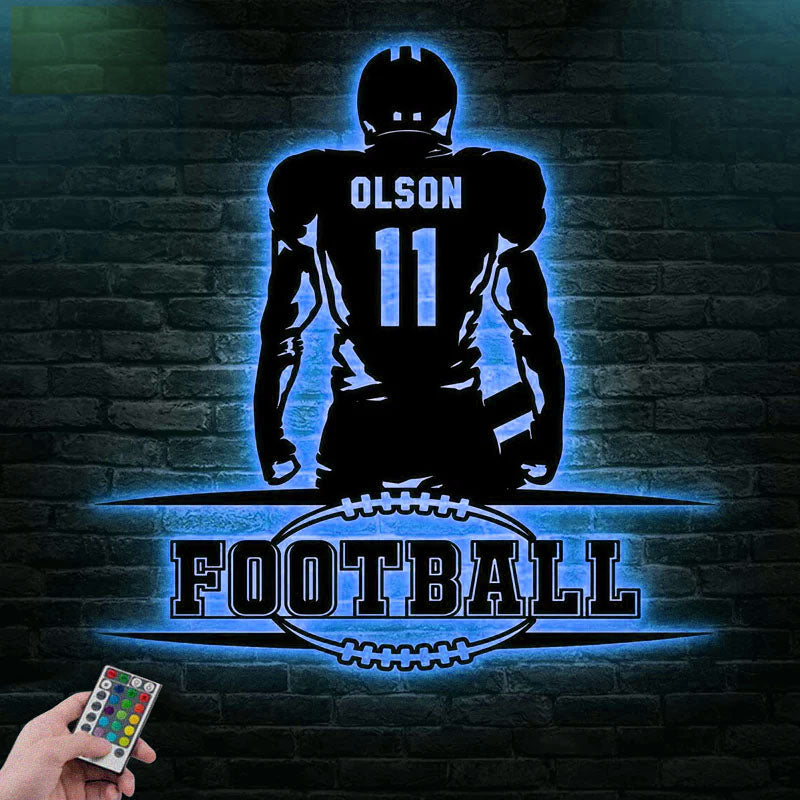 Custom Name Football Player Wall Decor, Metal Wall Signs With RGB Led Light