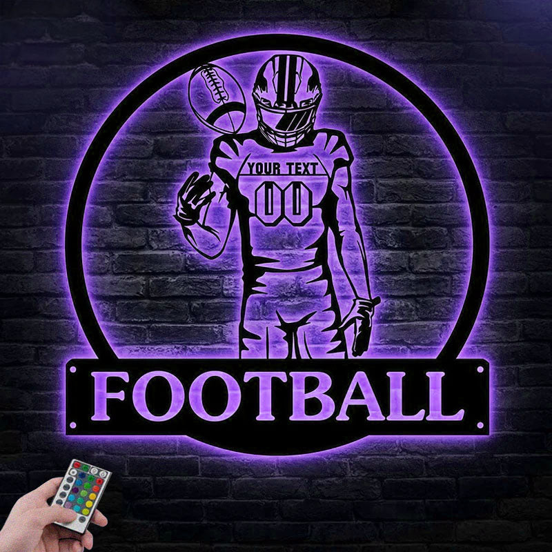 Custom Name Football Player Wall Decor, Metal Wall Signs With RGB Led Light