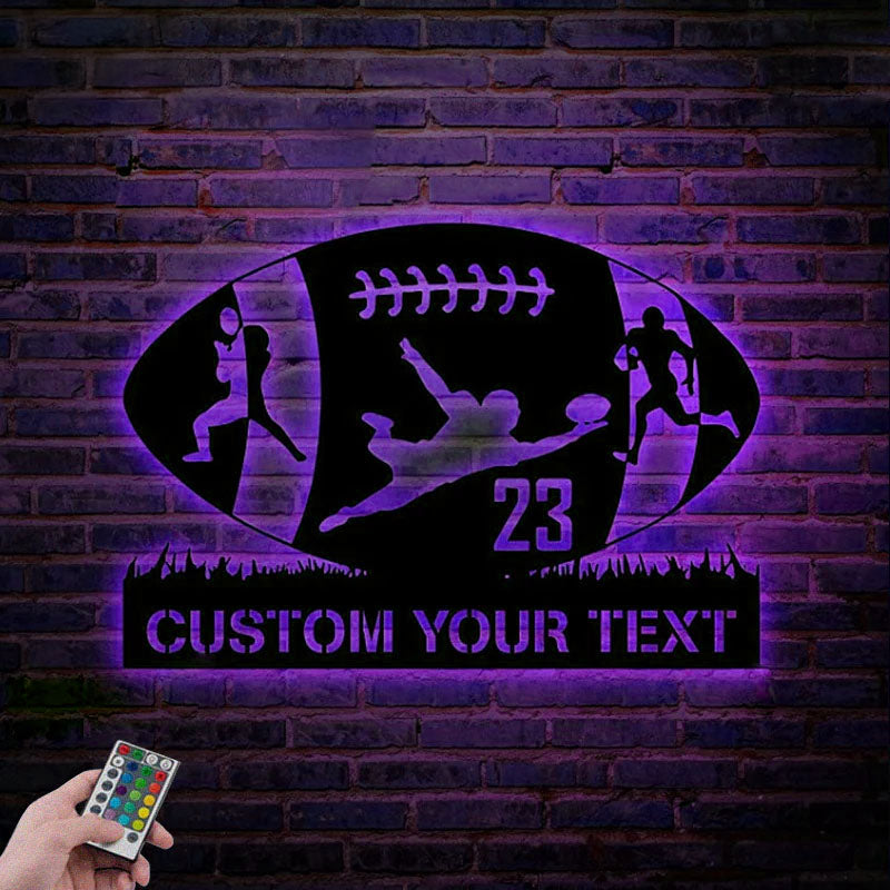 Custom Name Football Player, Metal Wall Signs With RGB Led Light
