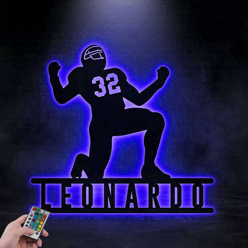Custom Name Football Player, Metal Wall Signs With RGB Led Light
