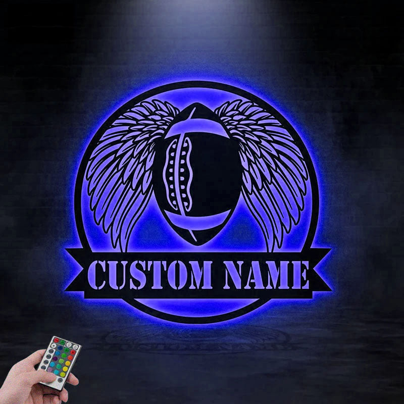 Custom Name Football With Wing, Metal Wall Signs With RGB Led Light