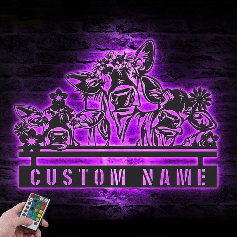 Custom Name Funny Calf Farm Name Sign Home Decor Heifer Barn, Metal Wall Signs With RGB Led Light