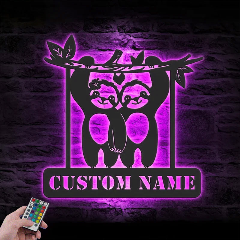Custom Name Funny Lazy Sloth Lover Metal Wall Signs With RGB Led Light
