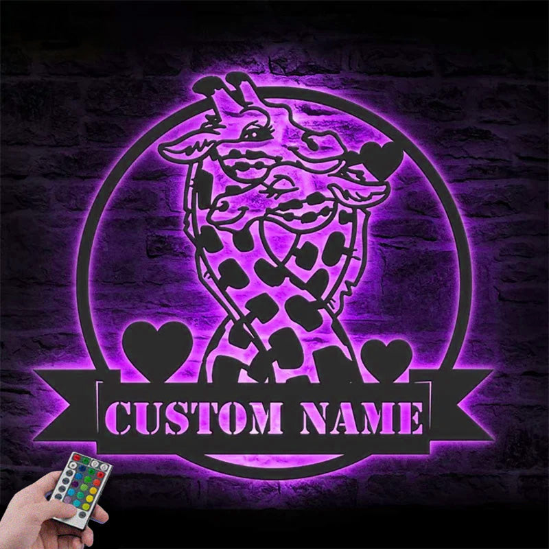 Custom Name Giraffes Lover Metal Wall Signs With RGB Led Light