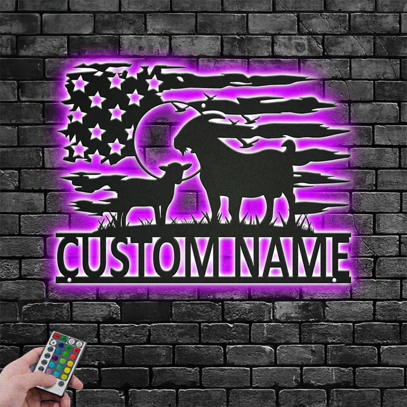 Custom Name Goat Farm Name Sign Decoration For Living Room, Metal Wall Signs With RGB Led Light
