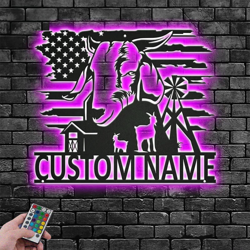 Custom Name Goat Farm Name Sign Decoration For Room, Metal Wall Signs With RGB Led Light