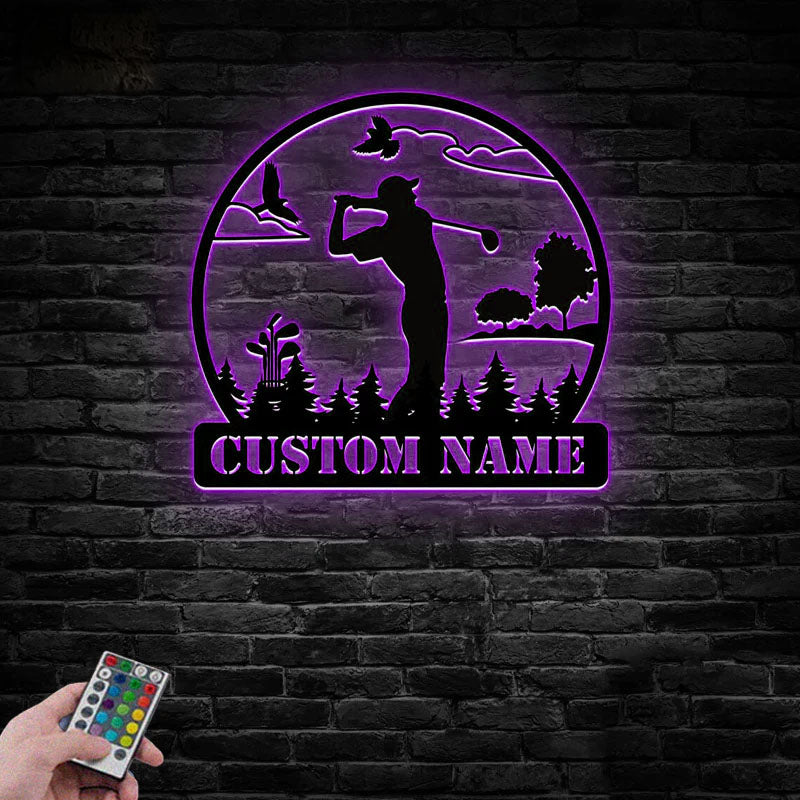 Custom Name Golfer Golf Club Decoration Man Cave Golf, Metal Wall Signs With RGB Led Light